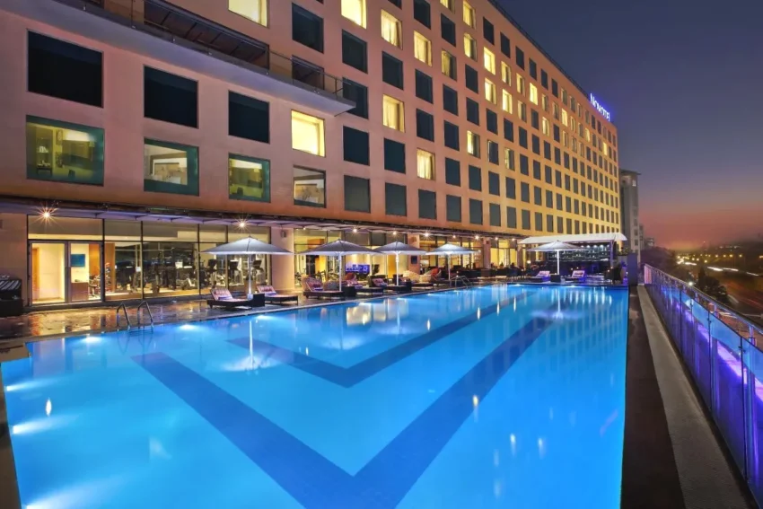 Luxury Five-Star Hotel Novotel Pune Viman Nagar Road with Swimming pool in the night season
